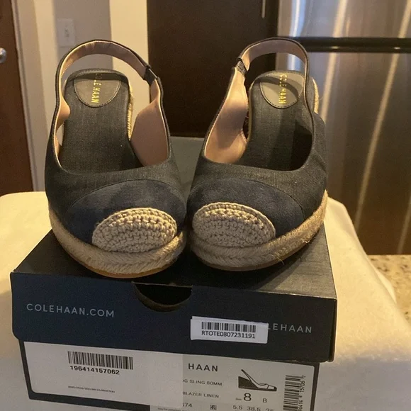 Women Wedge Heels Slings 8 B COLE HAAN Navy Blue Suede Tip!! - Picture 5 of 6